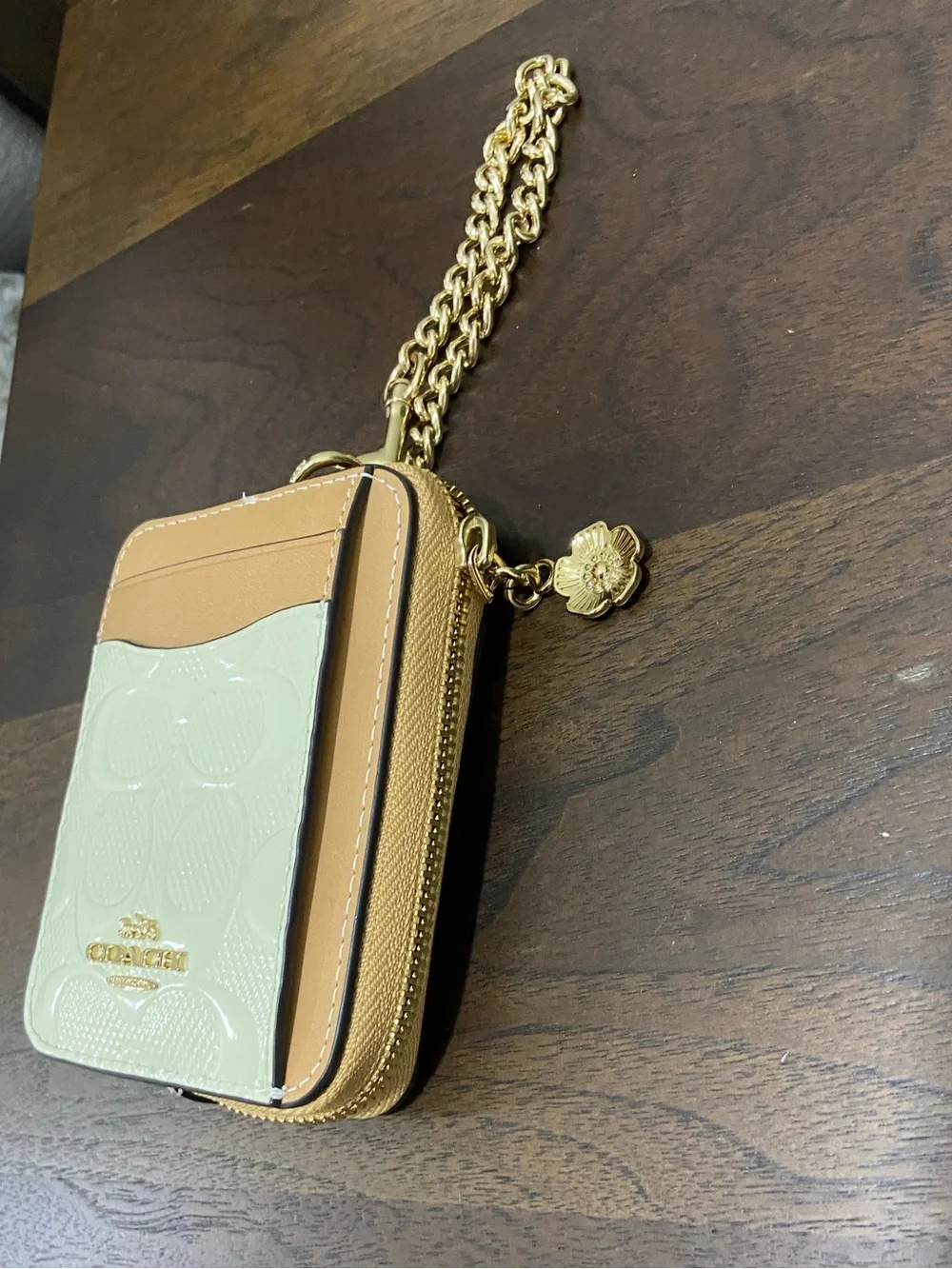 Coach Zip Card Case In Signature Leather With Charm -Light Lemon/Tan